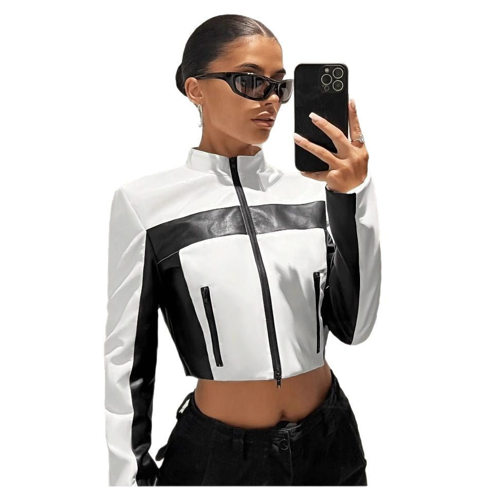 Women's Black & White Contrast Leather Jacket