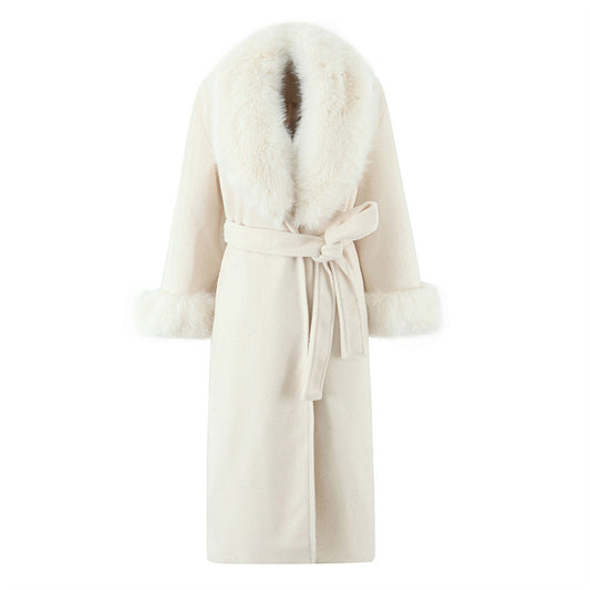 Elegant Belted White Long Coat with Fur Collar