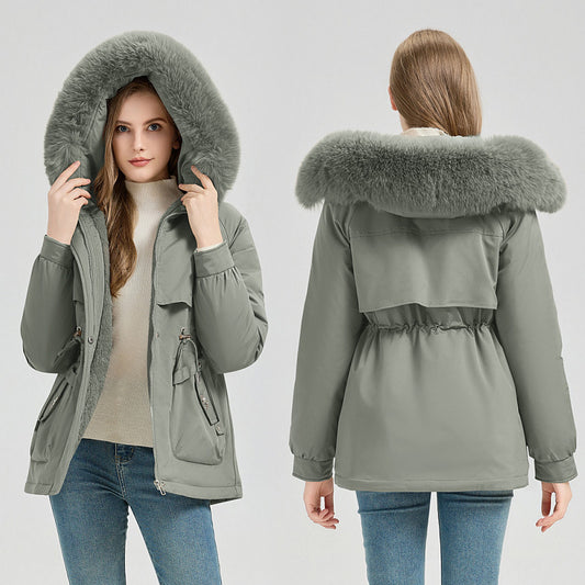 Women's Short Hooded Coat with Big Fur Collar