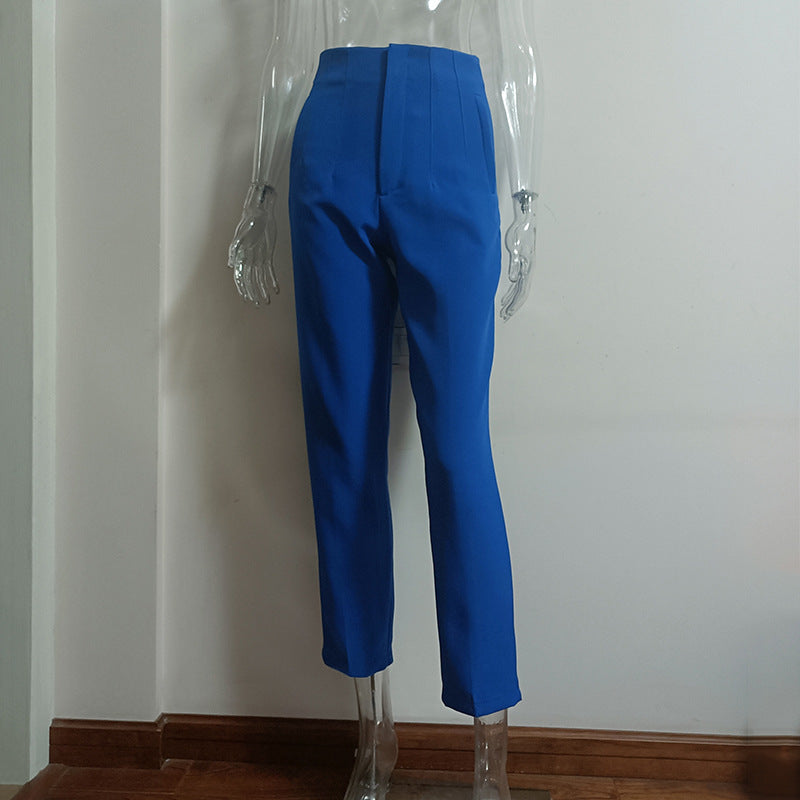 Casual Pleated High Waist Solid Color Trousers