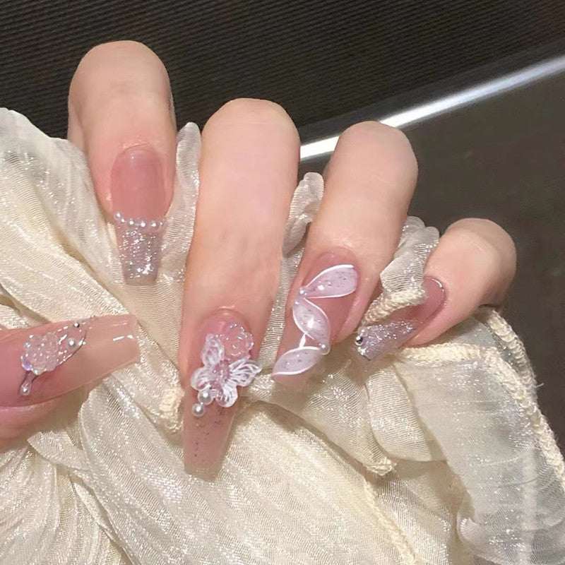 Elegant Long Fake Nails with Camellia & Streamer Art