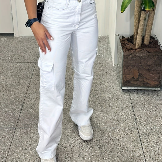 Women's White Overalls with Three-Dimensional Pockets