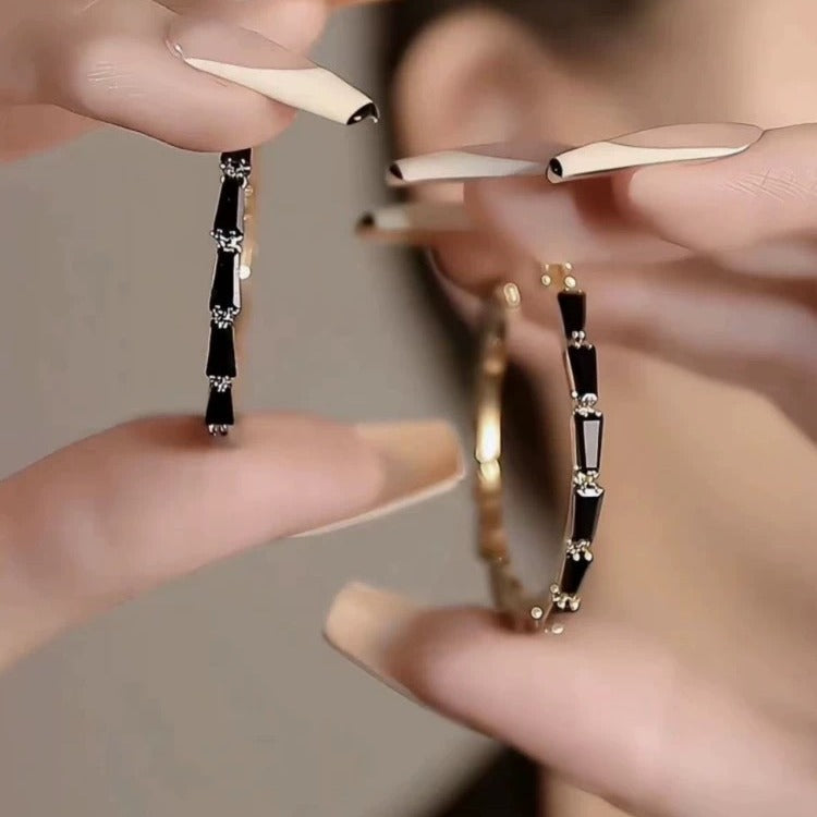 Advanced French Black & Crystal Hoop Earrings