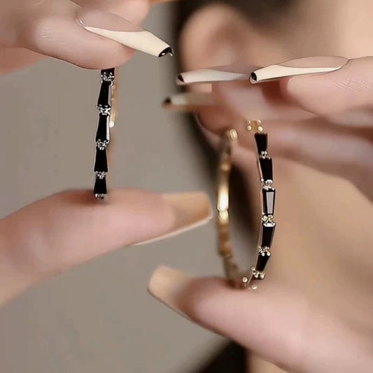 Advanced French Black & Crystal Hoop Earrings