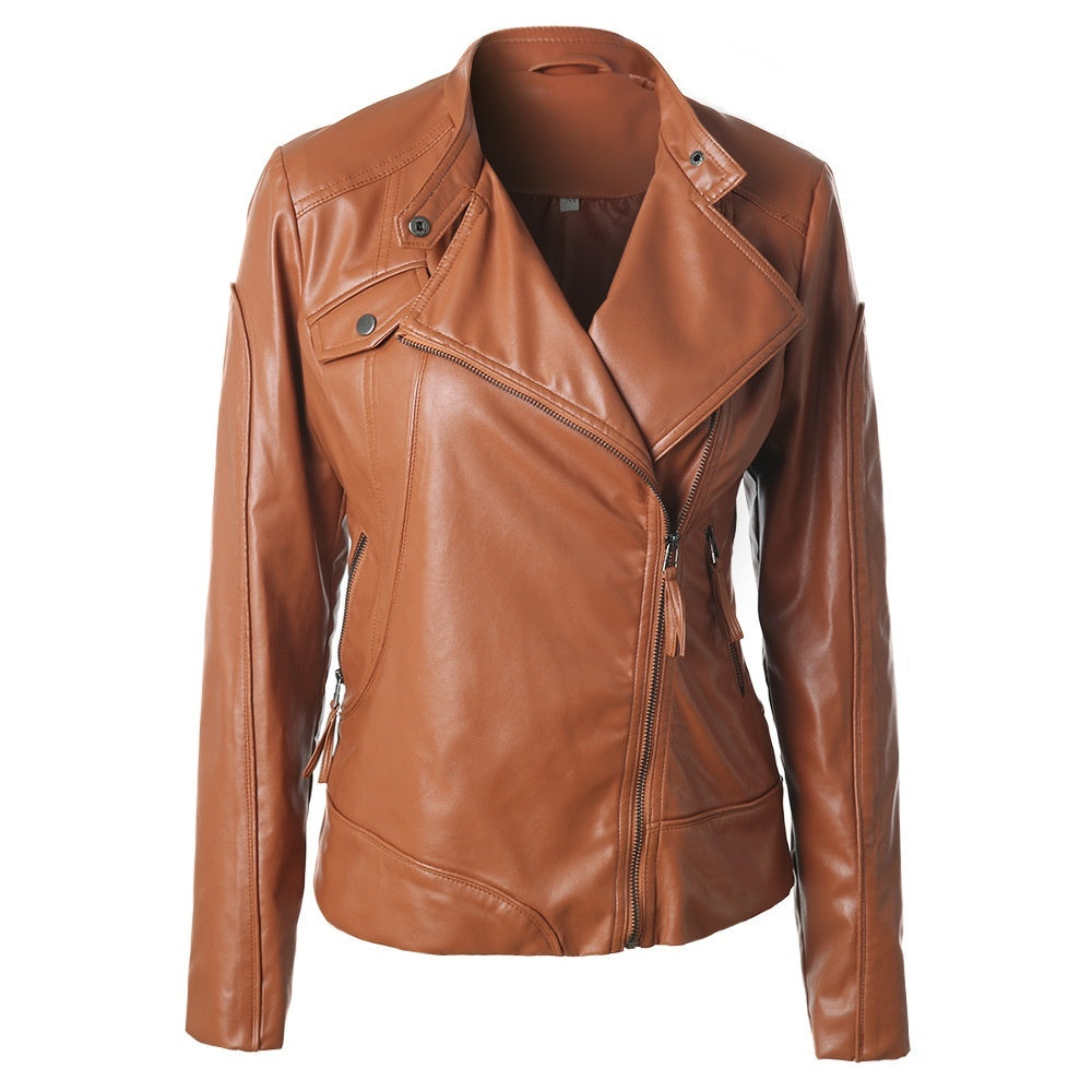Women's Stand Collar Side Zip Leather Moto Jacket