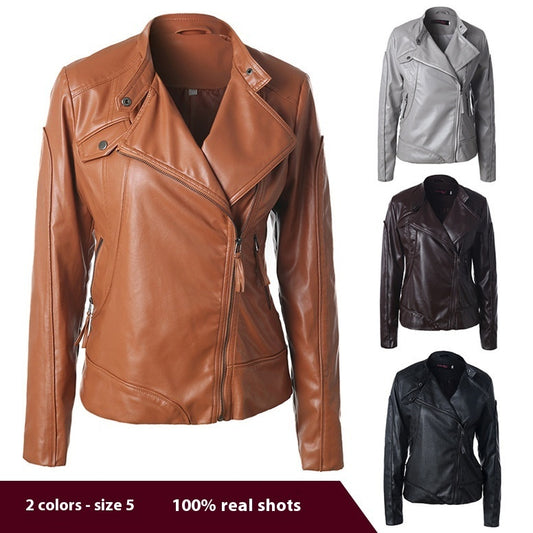 Women's Stand Collar Side Zip Leather Moto Jacket