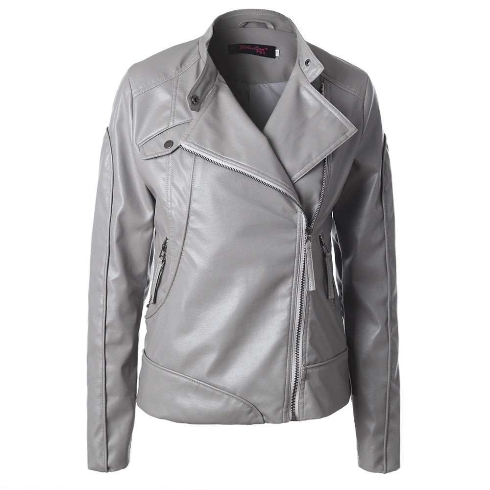 Women's Stand Collar Side Zip Leather Moto Jacket