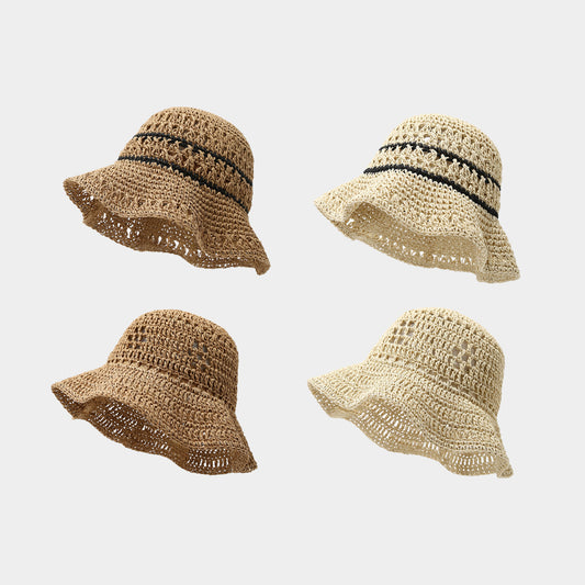 Breathable Crochet Straw Bucket Hat for Seaside Women