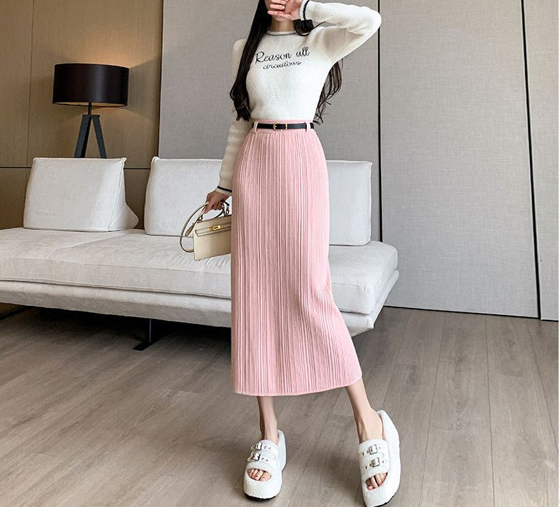 Knitted Sheath Straight Skirt with French Stripe Slit