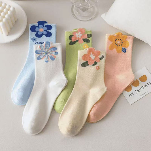 Japanese Cute Style Colorful Flowers Tube Socks
