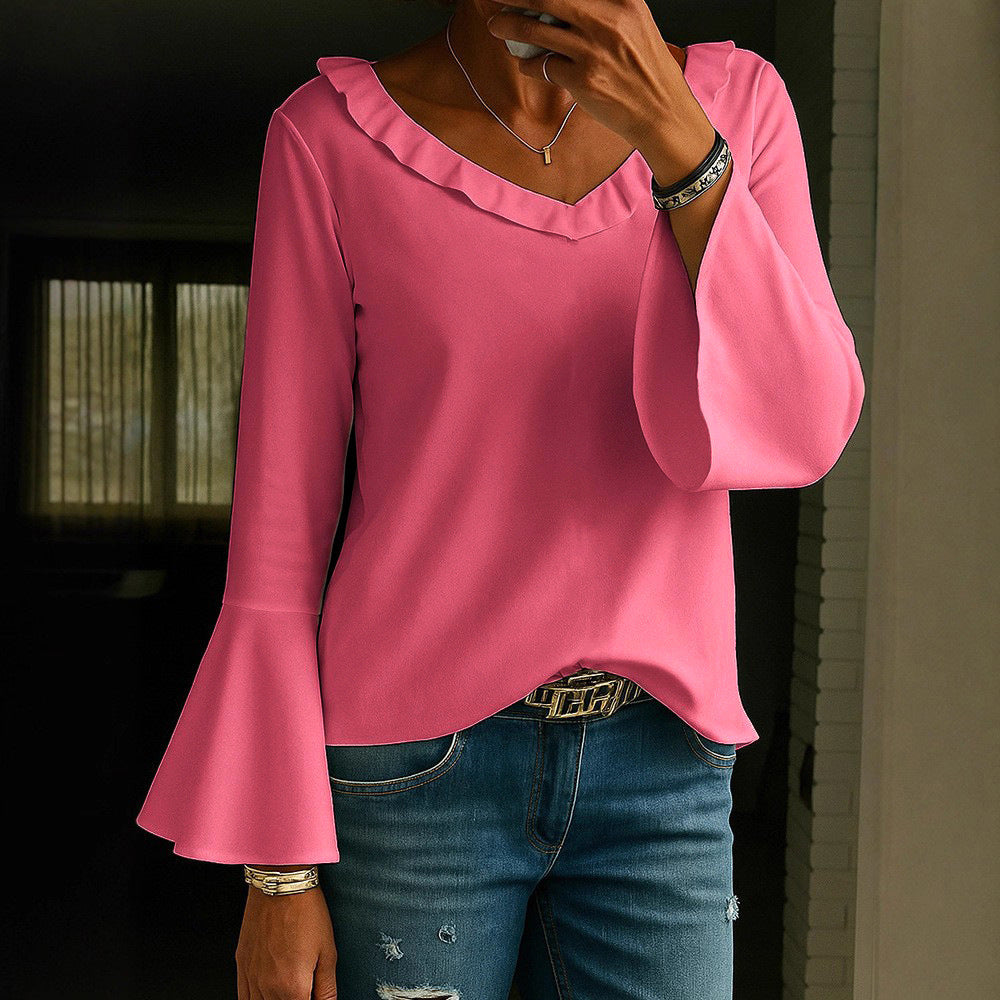 Casual Loose V-Neck Long Sleeve T-Shirt