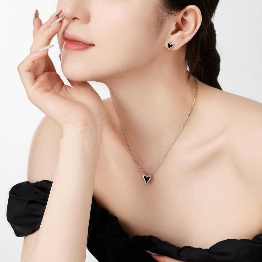 Black Agate & Silver Heart Stud Earrings