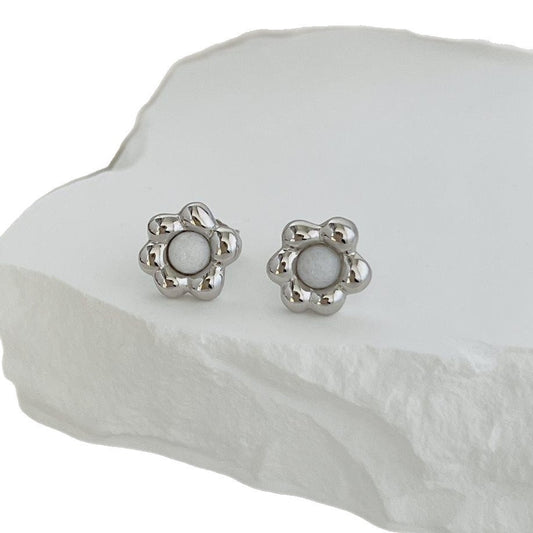 Silver Black Agate Flower Stud Earrings