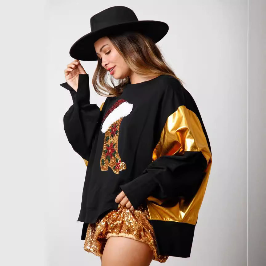 Casual Long Sleeve Sequined Christmas Graphic Sweatshirt