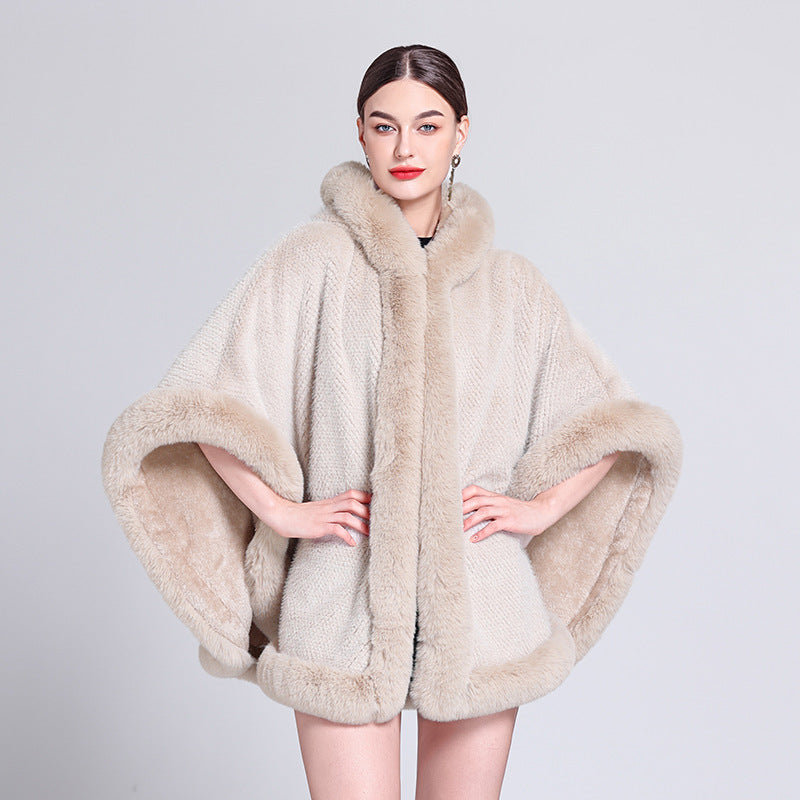 Fleece-Lined Cloak Shawl with Faux Fur Collar