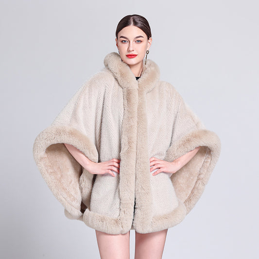 Fleece-Lined Cloak Shawl with Faux Fur Collar