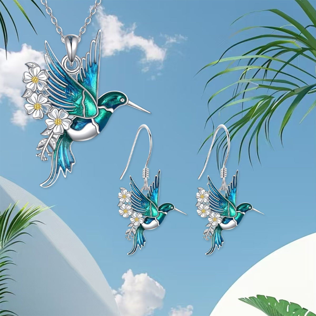 Hummingbird Pendant & Drop Earring Set