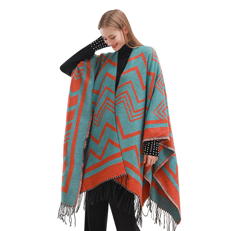 Fashionable Herringbone Wave Side-Slit Shawl Cape