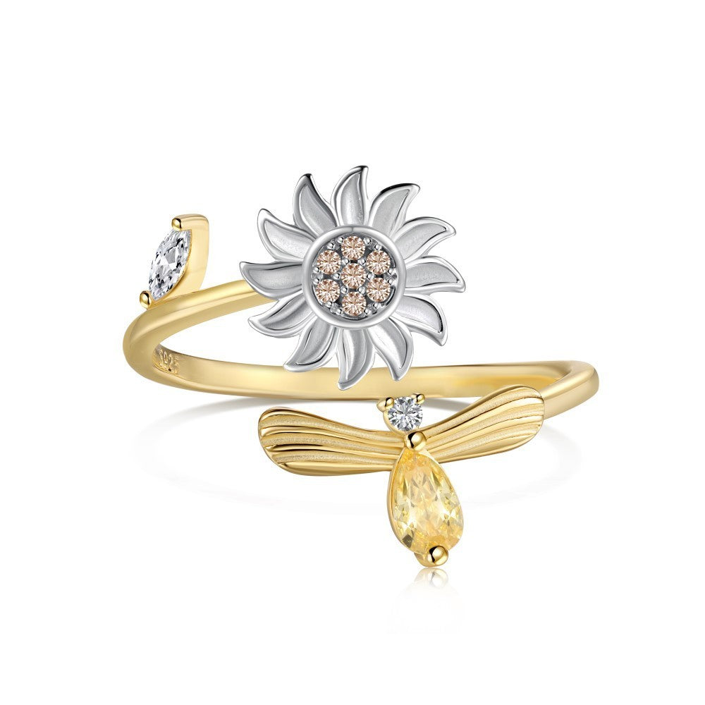 Sterling Silver Rotatable Flower Diamond Decompression Ring