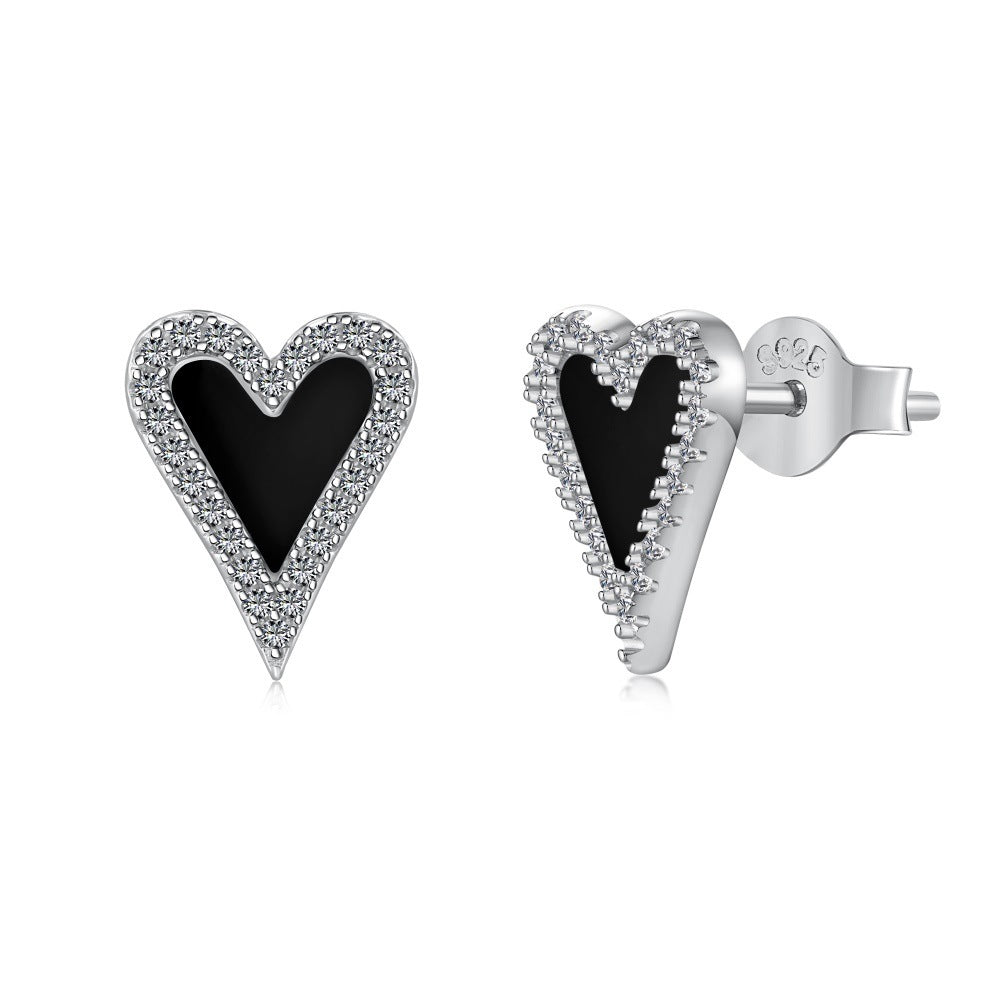 Black Agate & Silver Heart Stud Earrings