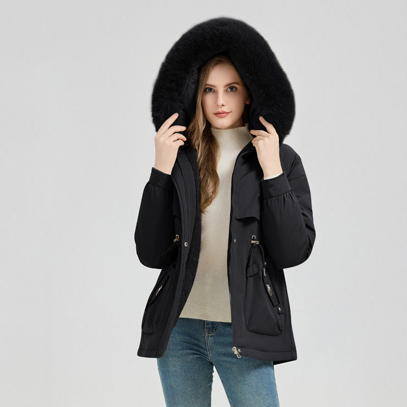 Women's Short Hooded Coat with Big Fur Collar
