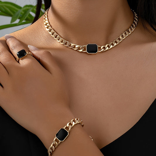 Minimalist Square Design Chain Necklace, Bracelet, and Ring Set